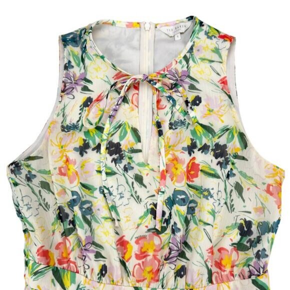 TED BAKER Harriss Floral Chiffon Sleeveless Mini Dress Size 4 Tie Neck Pockets - Picture 7 of 9
